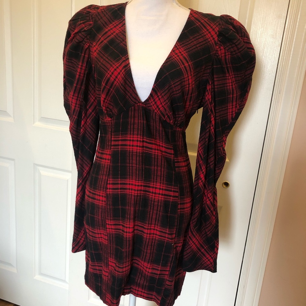 AFRM Long Sleeve red and black plaid dress
